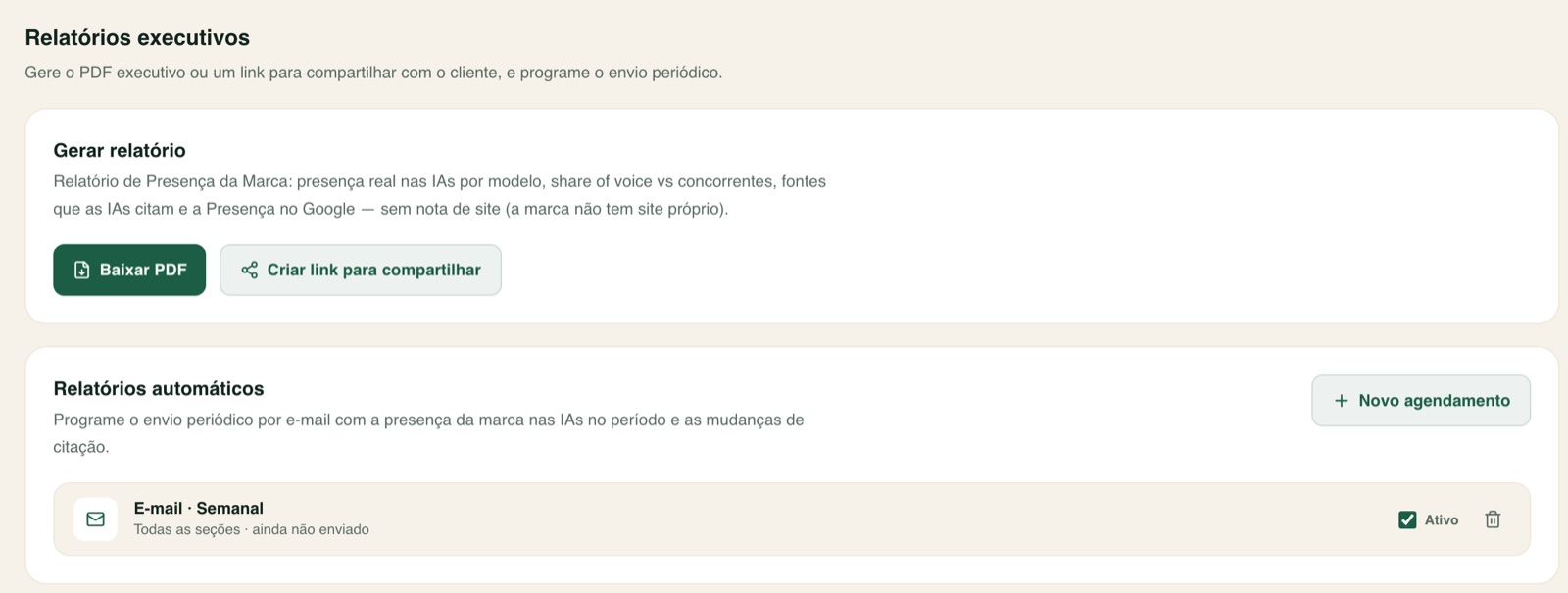 Tela Relatórios do painel com download de PDF, link para compartilhar e envio semanal programado